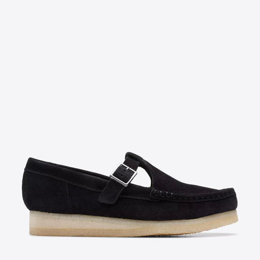 CLARKS Womens Wallabee T-Bar Black Suede - Image 1
