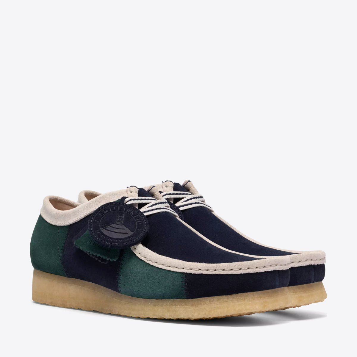 CLARKS Mens Wallabee Shoe Suede Blue/Green Stripe - Image 0