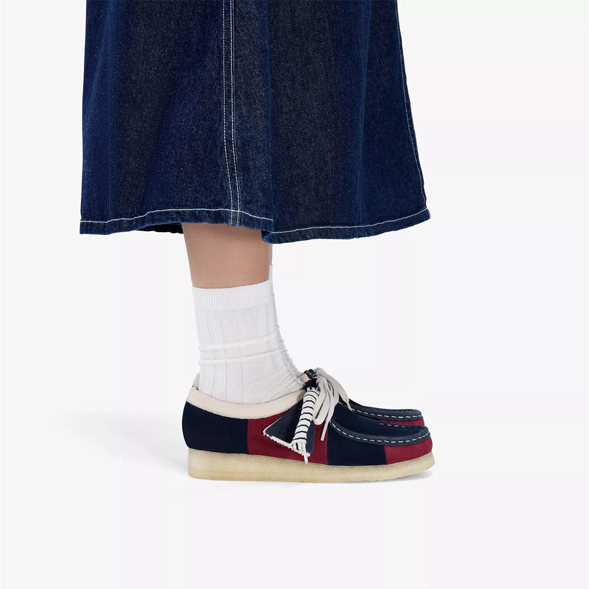 CLARKS Womens Wallabee Shoe Suede Navy Stripe - Image 0