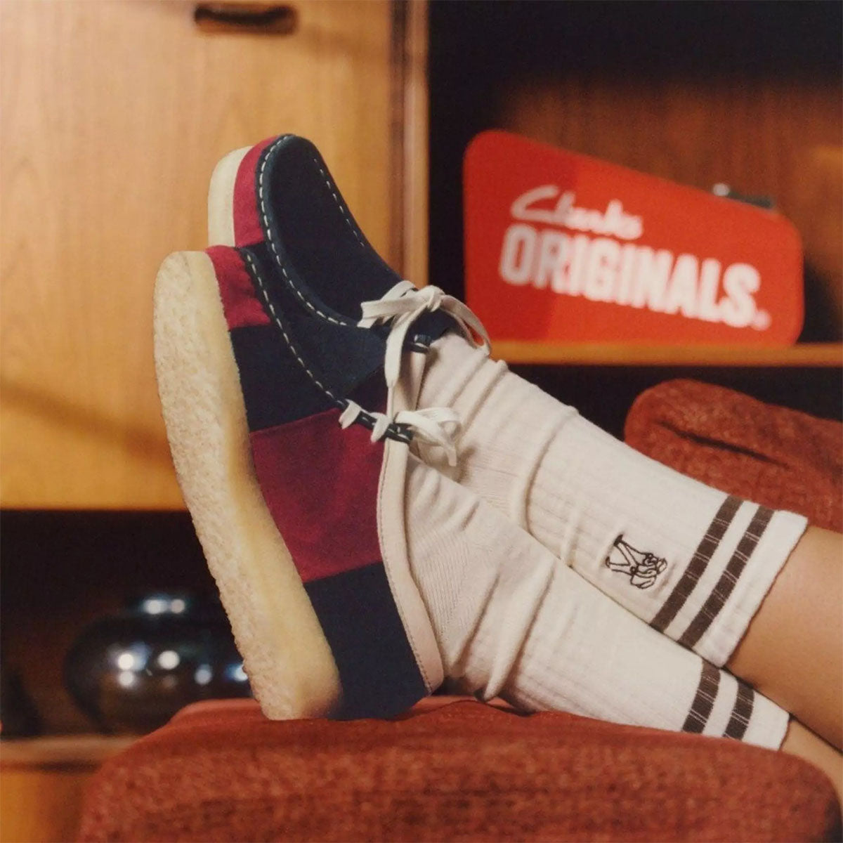 CLARKS Womens Wallabee Shoe Suede Navy Stripe - Image 0