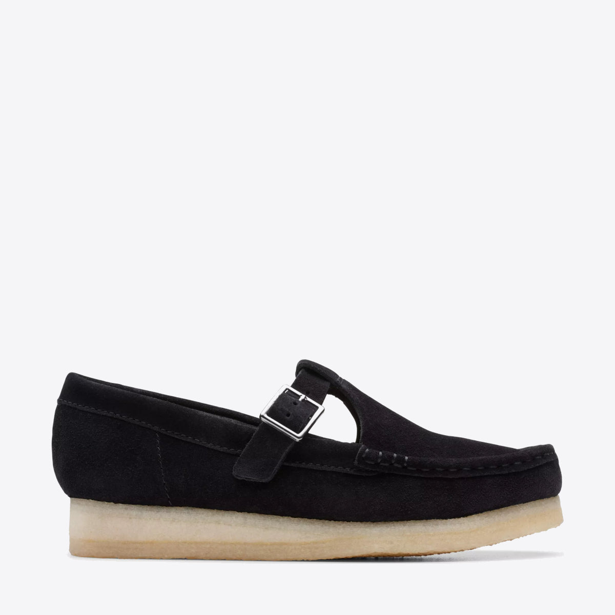 CLARKS Womens Wallabee T-Bar Black Suede - Image 1